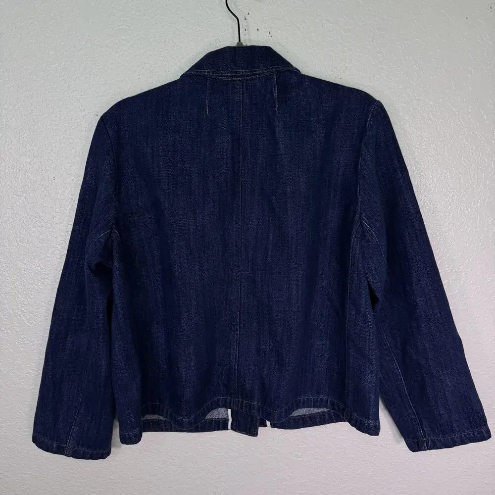 J Crew Denim Blazer Jacket Womens 12 Jean Short Gold Button Utility Preppy Chic - Picture 5 of 10